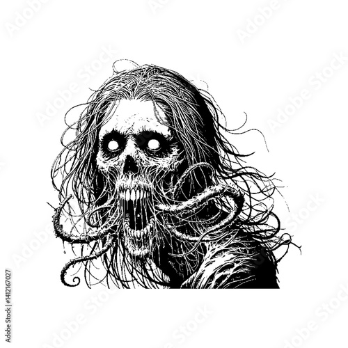 An intricate illustration of a skeletal figure with tentacles, showcasing gothic elements.