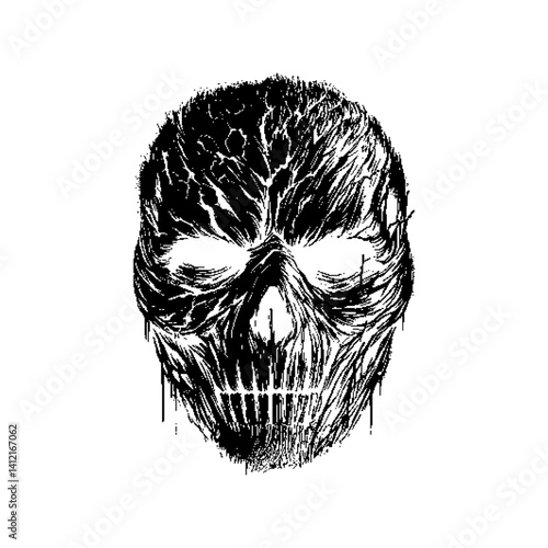 Intricate black and white skull illustration with detailed textures.