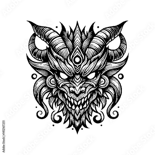 Intricate line art depicting a stylized horned demon face with ornamental details