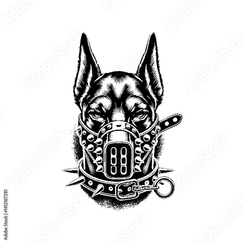 Graphic illustration of a fierce dog with a muzzle and spikes