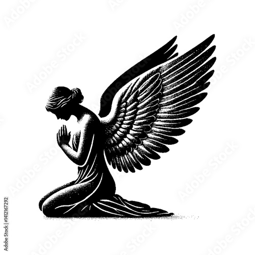 A stylized angel figure kneeling with wings, emphasizing dark elegance and silhouette.