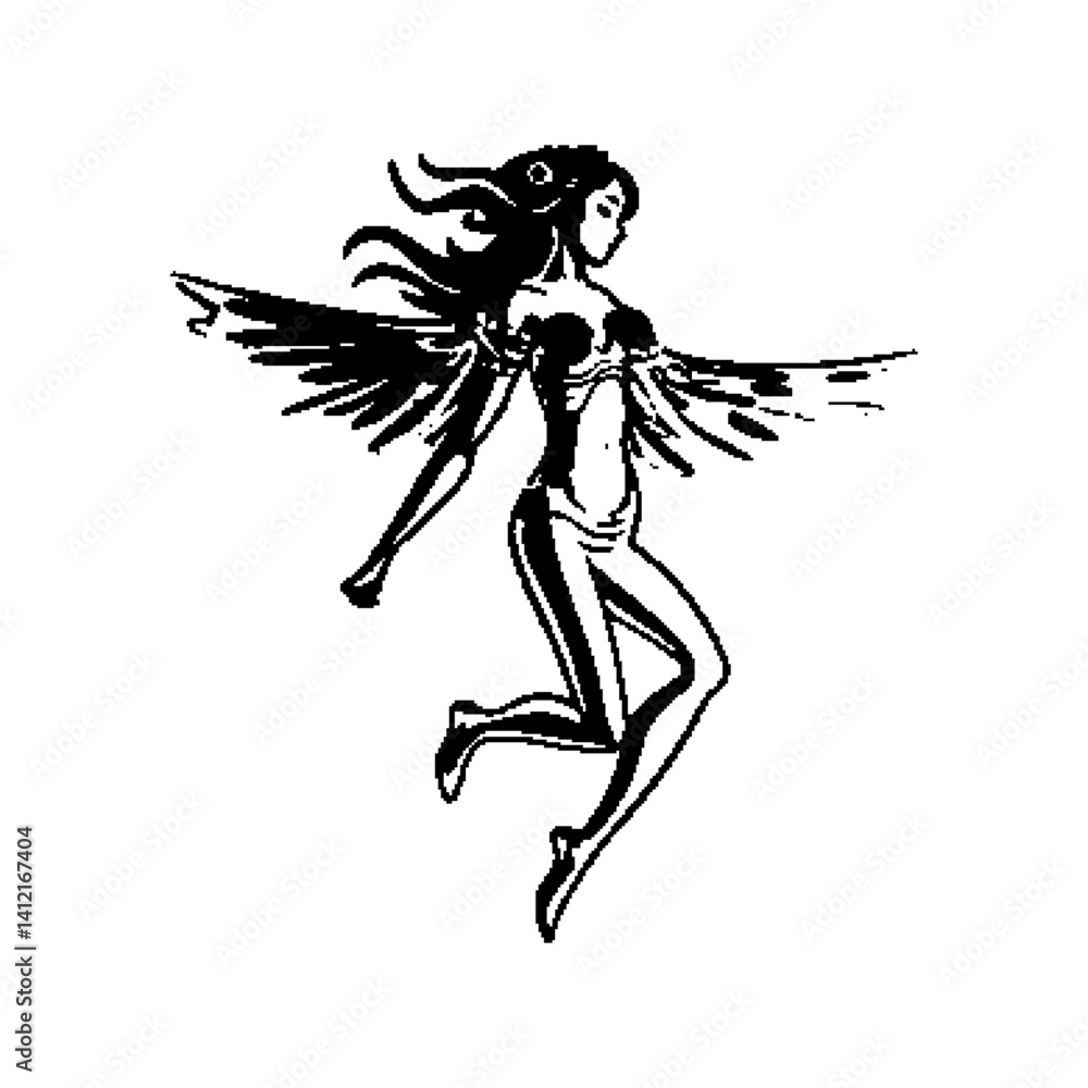 Stylized illustration of a winged figure in motion, featuring fluid lines and organic shapes Stylized illustration of a winged figure in motion, featuring fluid lines and organic shapes