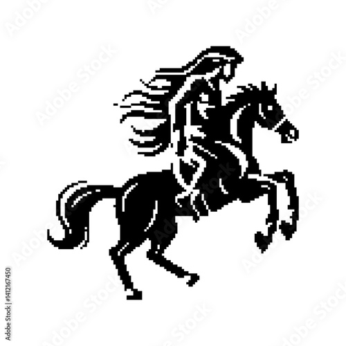Silhouette of a woman riding a galloping horse in a minimalist style