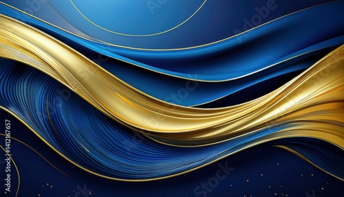 Elegant Flowing Waves of Deep Blue and Gold Textures on Smooth Surface