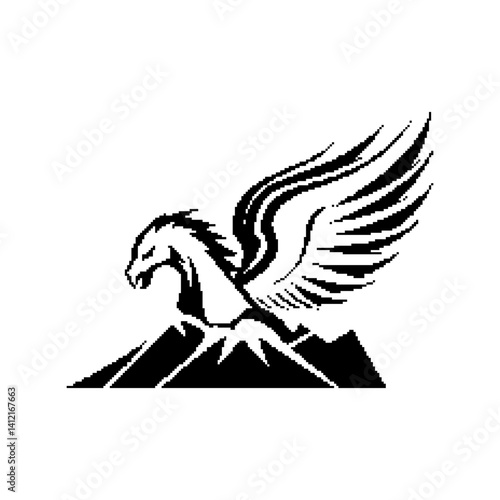 Stylized black silhouette of a winged creature soaring over mountains