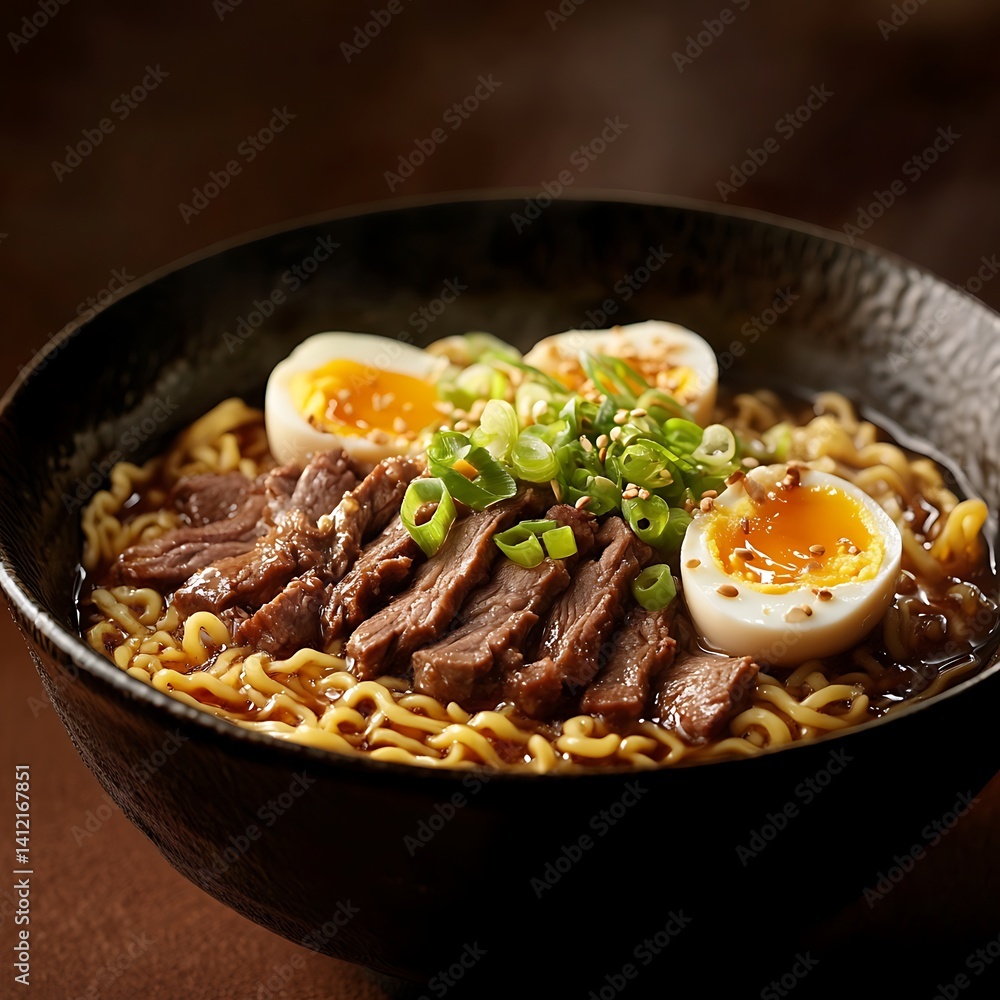 Ramen with duck and eggs in a dark ceramic bowl Ramen with duck and eggs in a dark ceramic bowl
