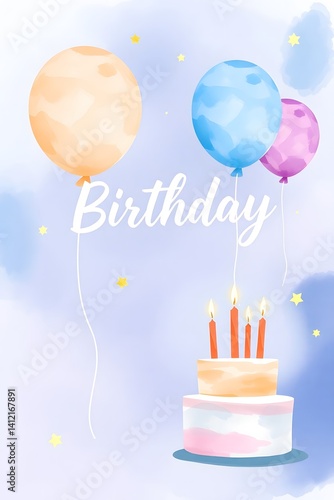 Pastel Birthday Cake with Soft Balloons and White Text on Blue Background