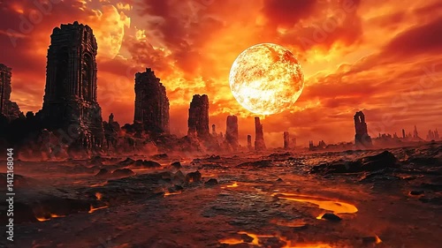 Dramatic sunset over a desolate landscape with ancient ruins silhouetted against the sky