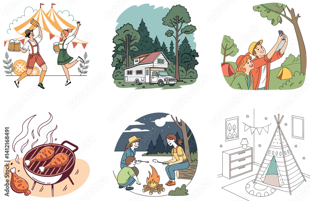Naklejka premium Camping Bundle. African Savanna Kilimanjaro Collection Illustrations
