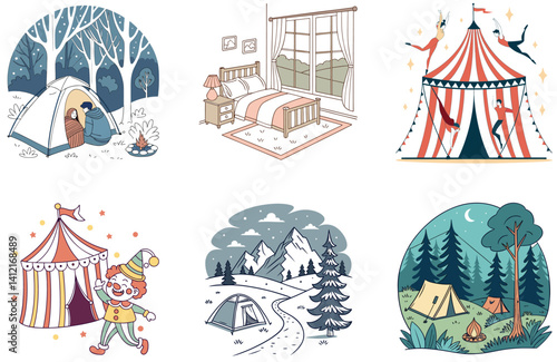 Camping Bundle. Wooden Table Forest Adventure Collection Illustrations