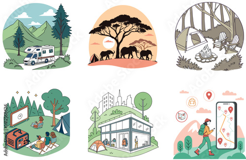 Camping Bundle. Aurora Borealis Bonfire Collection Illustrations
