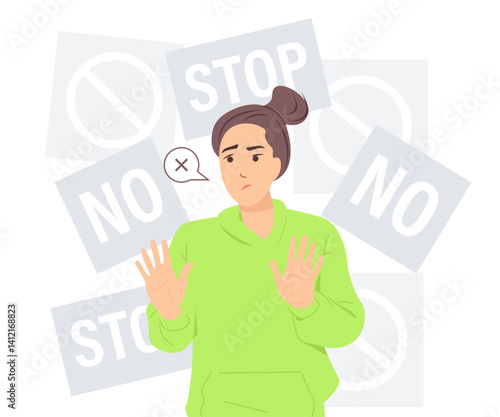 The disgruntled woman refuses. Illustration of a girl who says no, forbids something and makes a stop gesture. Vector.