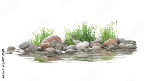 River Edge with Stones and Green Grass Realistic Look Transparent Background