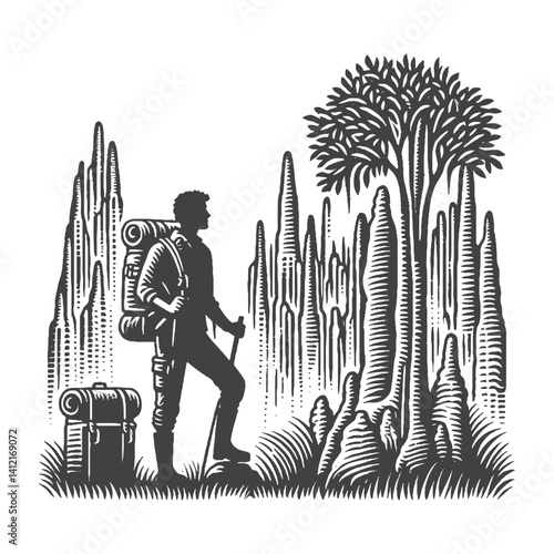 Simple Explorer Standing Next to Stalagmites Vector Design – Vintage Logo & Retro Illustration