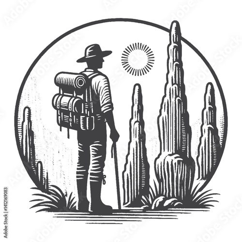 Simple Explorer Standing Next to Stalagmites Vector Design – Vintage Logo & Retro Illustration