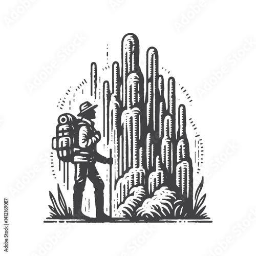 Simple Explorer Standing Next to Stalagmites Vector Design – Vintage Logo & Retro Illustration