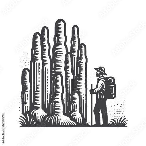 Simple Explorer Standing Next to Stalagmites Vector Design – Vintage Logo & Retro Illustration