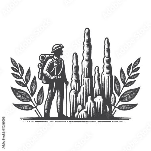 Simple Explorer Standing Next to Stalagmites Vector Design – Vintage Logo & Retro Illustration