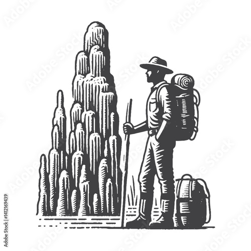 Simple Explorer Standing Next to Stalagmites Vector Design – Vintage Logo & Retro Illustration