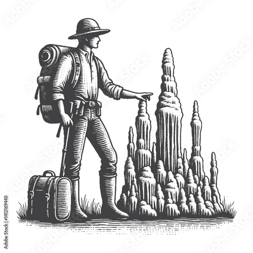 Simple Explorer Standing Next to Stalagmites Vector Design – Vintage Logo & Retro Illustration