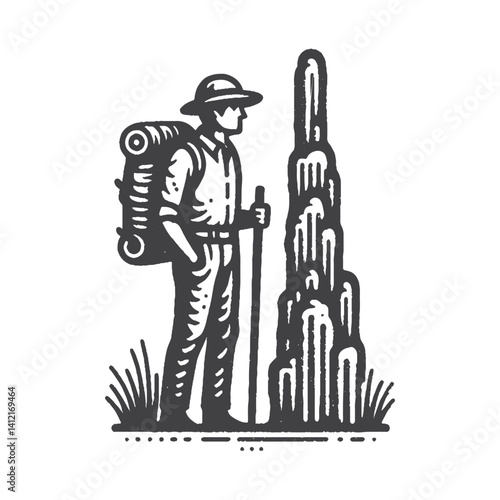 Simple Explorer Standing Next to Stalagmites Vector Design – Vintage Logo & Retro Illustration