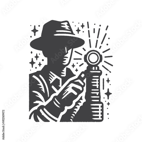 Simple Explorer Holding Flashlight Vector Design – Vintage Logo & Retro Illustration