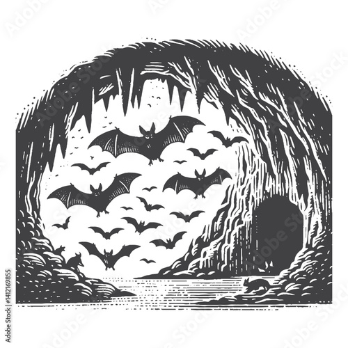 Simple Bat Swarming at Cave Entrance Vector Design – Vintage Logo & Retro Illustration