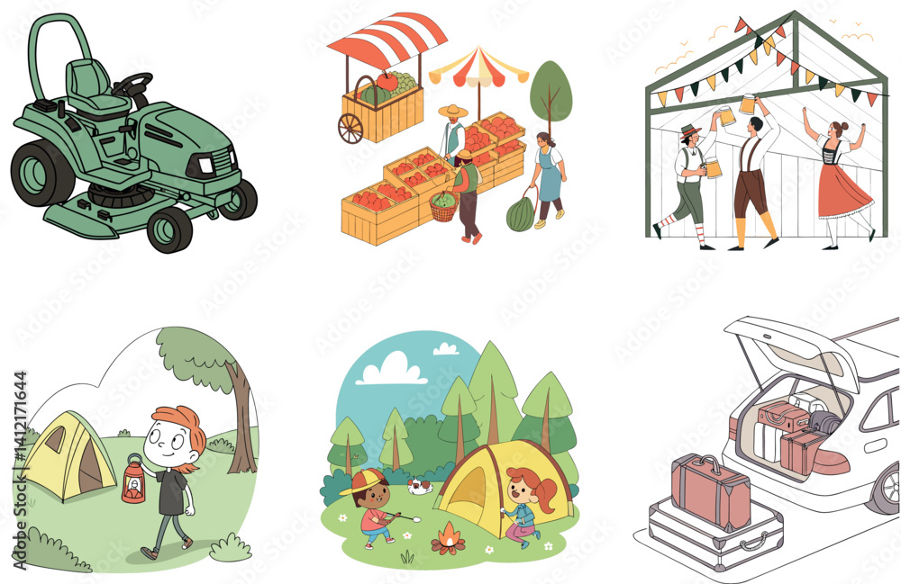 Naklejka premium Camping Bundle. Off-Road Mountain Adventure Collection Illustrations