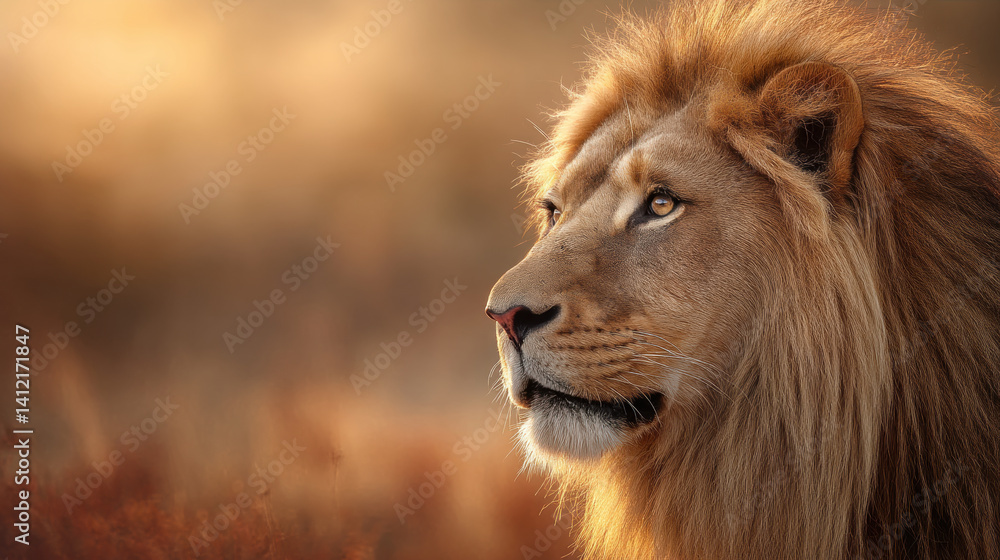 A majestic lion portrait with a golden mane glowing in warm sunlight against a blurred savanna background, detailed fur texture and piercing eyes A majestic lion portrait with a golden mane glowing in warm sunlight against a blurred savanna background, detailed fur texture and piercing eyes