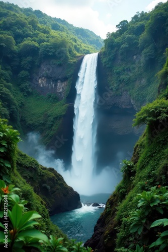 Majestic Akaka Falls cascade, lush rainforest backdrop, vegetation, waterfall, aerial