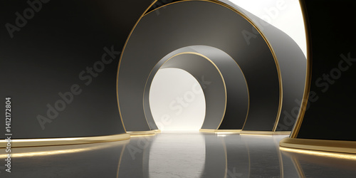 Fototapeta Naklejka Na Ścianę i Meble -  Abstract image of three black arched structures with gold trim, creating a modern and elegant showcase, suggesting luxury, sophistication, and a pathway to something unseen