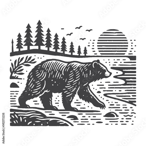 Simple Bear Walking Vector Design – Vintage Logo & Retro Illustration