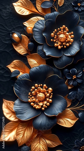 Elegant Dark Blue Floral Phone Wallpaper  Golden Leaves & Intricate Details | HD Mobile Background