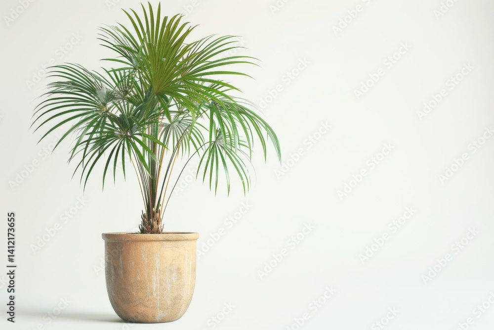Obraz premium Lush green palm plant thriving in a natural clay pot against a minimalist backdrop isolated on transparent background