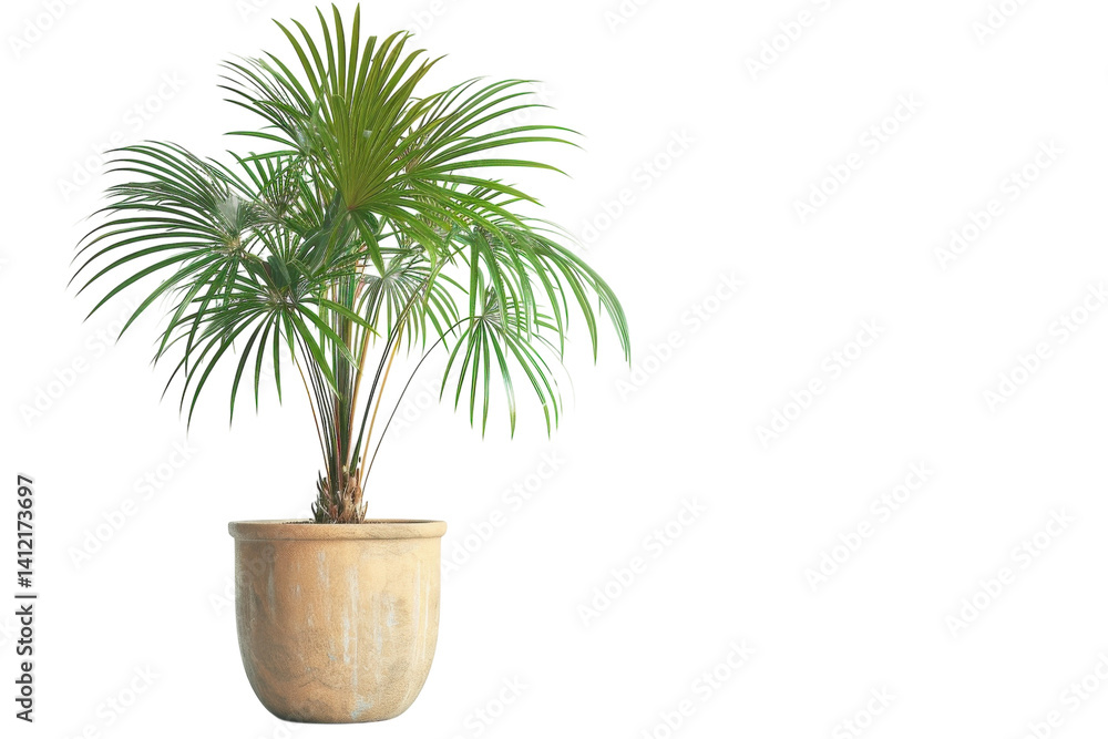 Obraz premium Lush green palm plant thriving in a natural clay pot against a minimalist backdrop isolated on transparent background