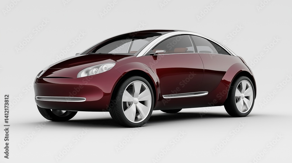 A compact Burgundy electric car mockup with a modern and clean design, viewed at a front-side angle. A compact Burgundy electric car mockup with a modern and clean design, viewed at a front-side angle.