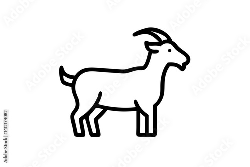 A majestic goat stands proudly, its elegant horns curving gracefully against a clean white background in bold black lines.