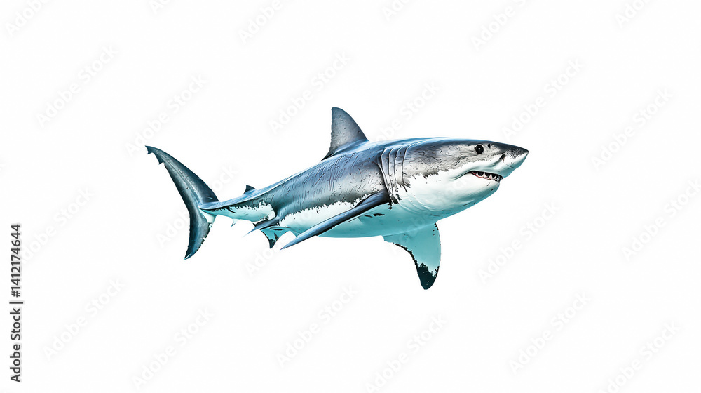 Naklejka premium a great white shark swimming in the darkness on a transparent background, PNG image, PNG file, Generative art.