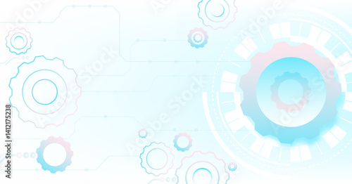 Futuristic abstract background with interconnected gears and circuit lines in soft blue and white tones, symbolizing technology, innovation, and automation. digital technology background
