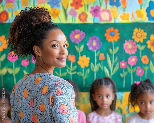 Teacher smiling at preschool children in front of vibrant floral wall art