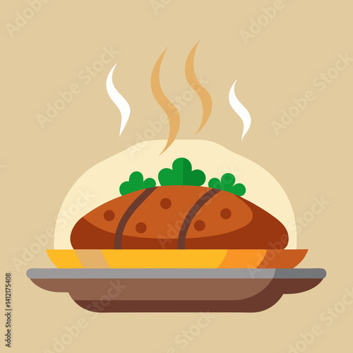 A steaming savory meatloaf, perfectly grilled and garnished with fresh herbs, rests invitingly on a warm-toned serving platter, a simple yet delicious culinary scene.