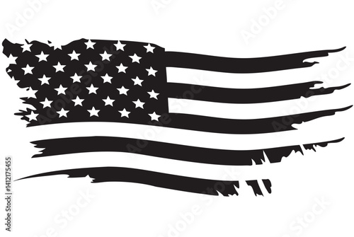 A tattered American flag, a powerful symbol of resilience and enduring patriotism, rendered in bold black and white with a raw, distressed texture.