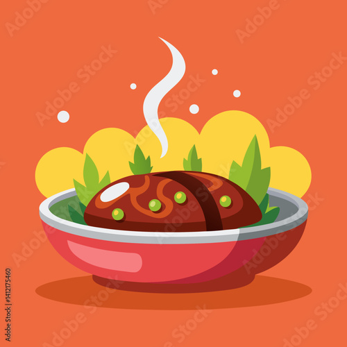 A steaming, savory meat dish rests in a vibrant red bowl, garnished with fresh herbs, promising a comforting and delicious meal with warm, bold colors and a simple, cartoonish style.