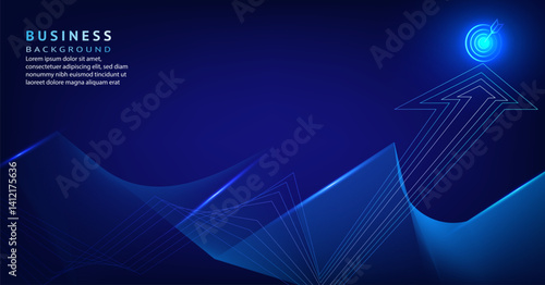 Abstract blue business background with glowing arrow and target symbol, representing growth and success. Wavy lines and futuristic design create modern feel. digital technology background
