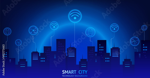 Smart city technology concept with glowing blue skyline, wireless network icons, and futuristic digital connections, symbolizing innovation and connectivity. digital technology background