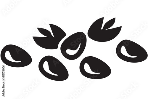 Bountiful harvest of dark seeds and sprouting plants, a minimalist black and white illustration.