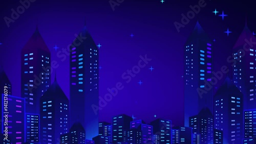 Vibrant Cityscape with Glowing Skyscrapers at Night, Futuristic Skyline in Shades of Blue and Purple Under Starry Sky, Urban Atmosphere with Twinkling Stars digital technology background