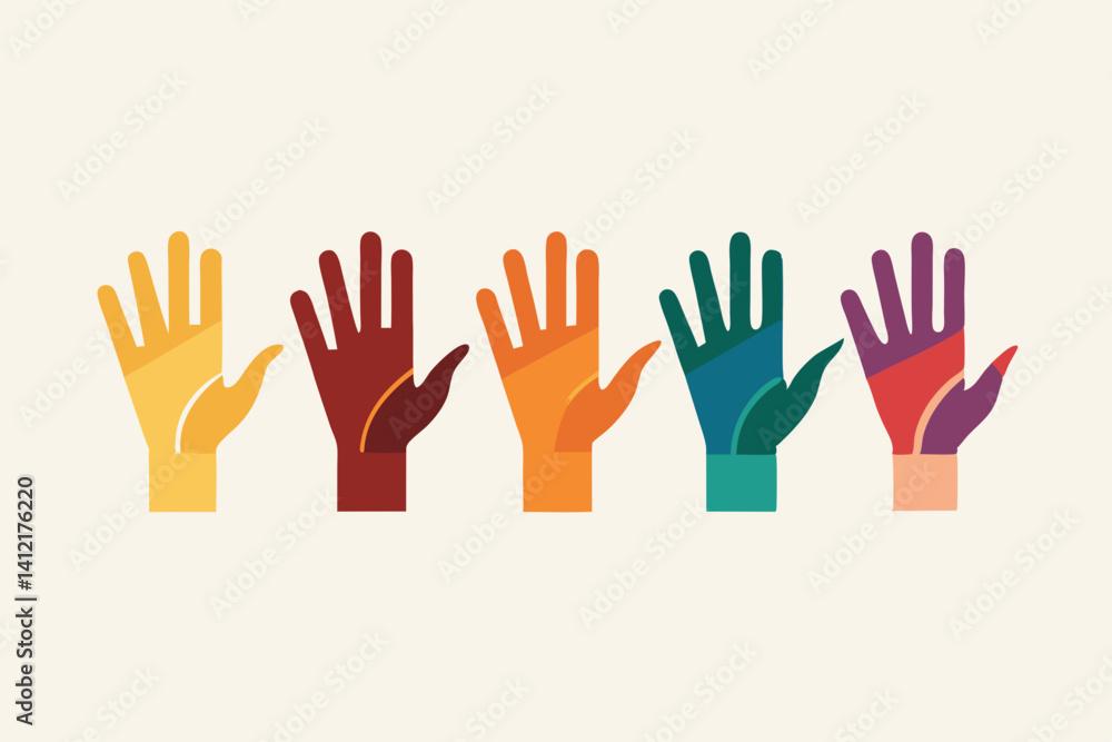 Five diverse hands raised high, a vibrant symbol of unity and collaboration in a bold, flat design style. Five diverse hands raised high, a vibrant symbol of unity and collaboration in a bold, flat design style.