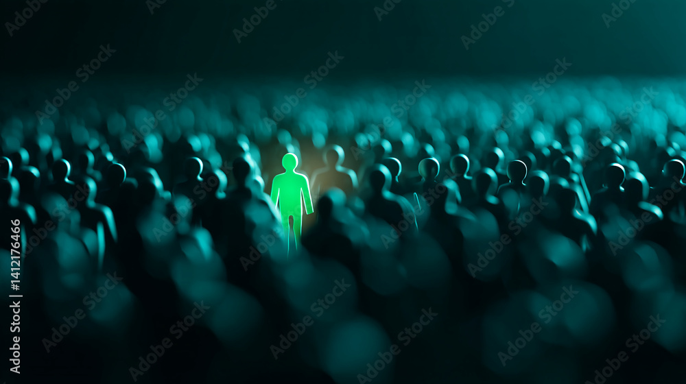 Obraz premium Green figure stands out in a crowd of dark teal figures, symbolizing individuality, leadership, or difference in a large group