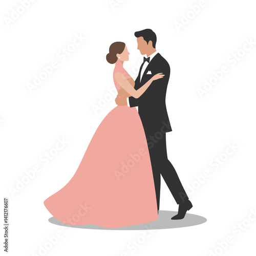Couple waltz pose embracing each other in elegant attire  